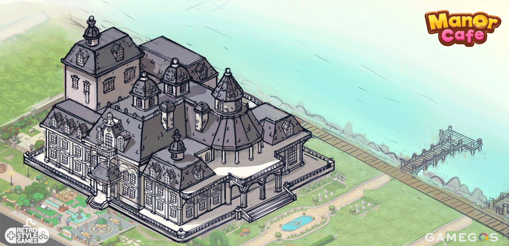 A GIF showing the process of designing an isometric manor, from initial sketches to the final in-game rendered model